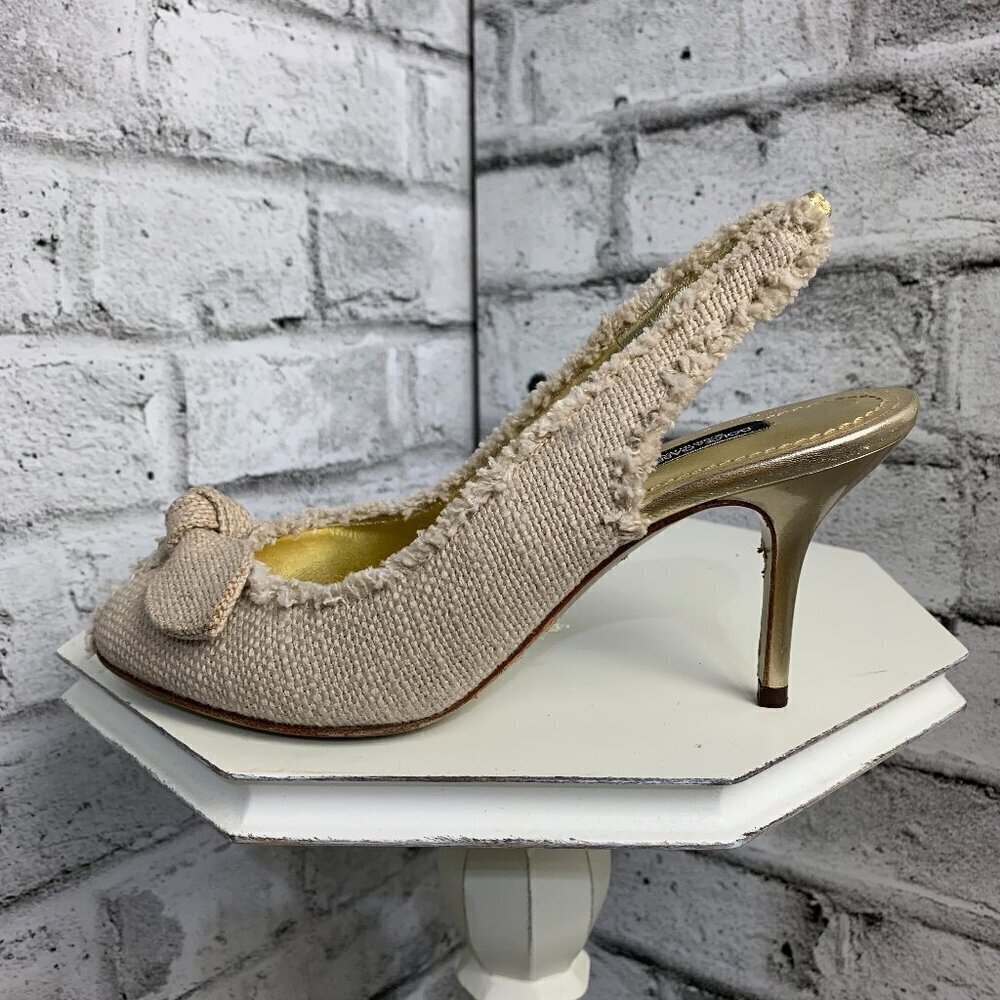 Dolce & Gabbana Sling Back Bow Peep Toe Fabric Metallic Leather High Heel Sandal